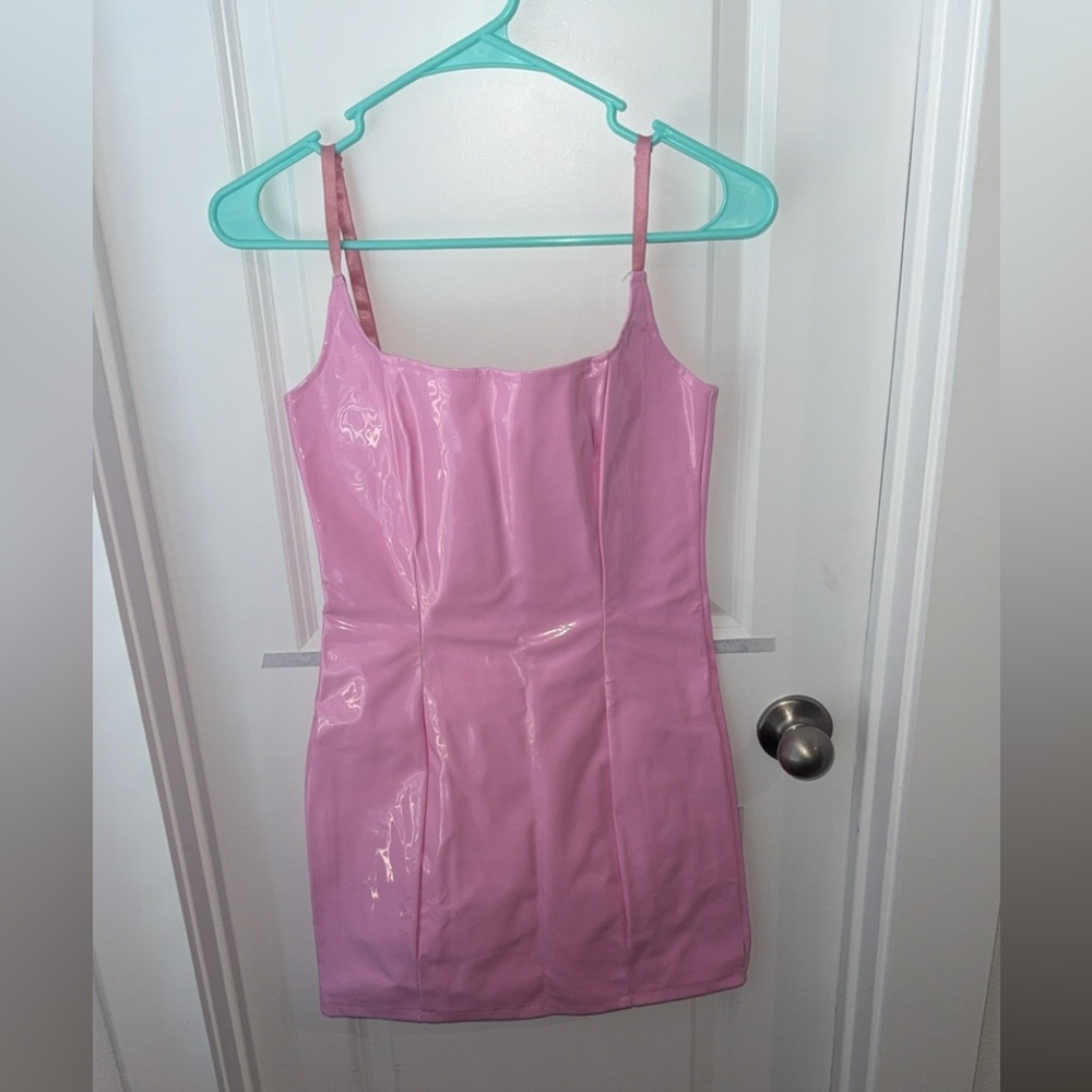 PrettyLittleThing Pink Faux Leather Mini Dress 💕 Size 2 Faux Leather Latex